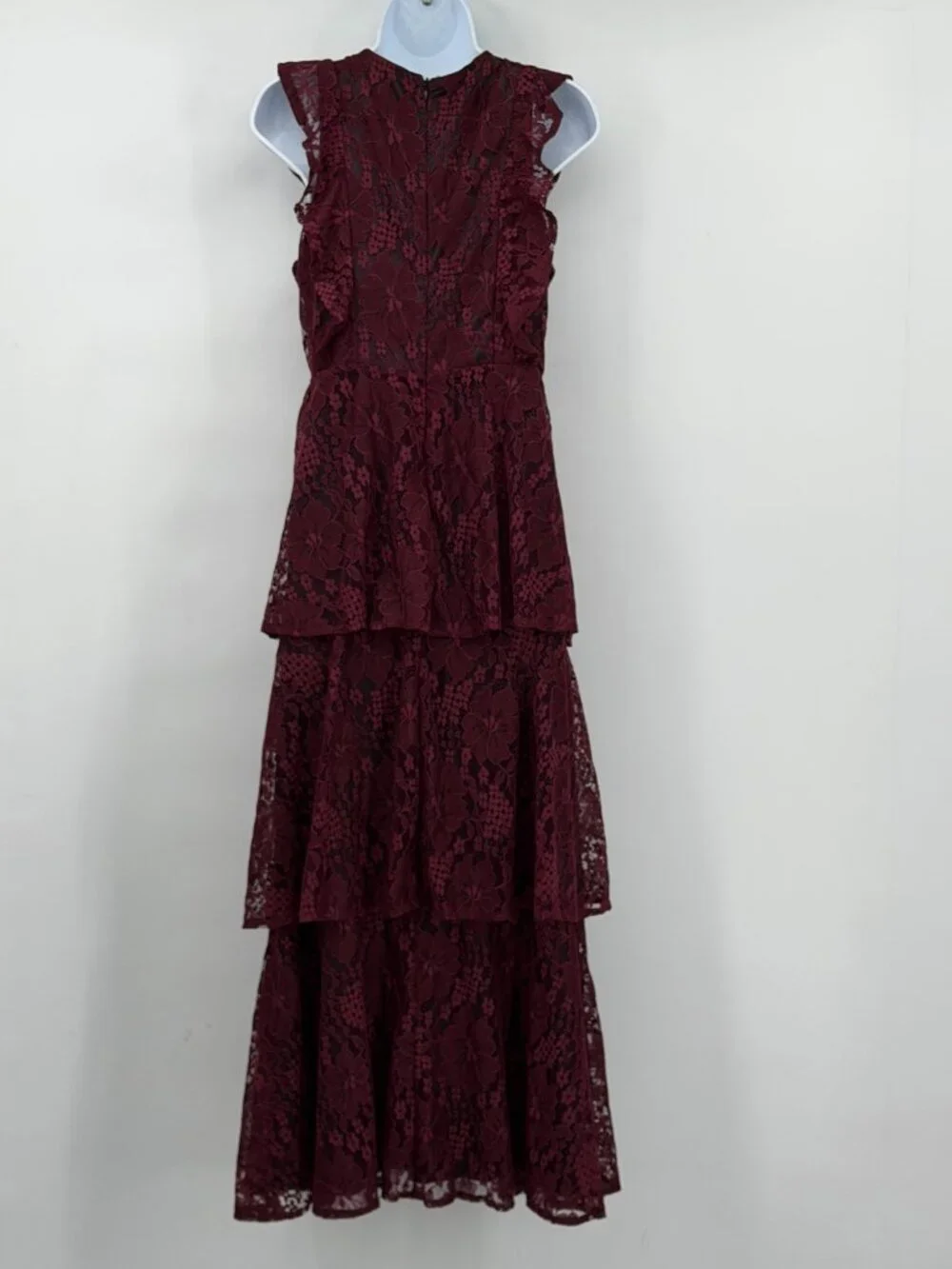 Lulus Burgundy Lace Tiered Midi Maxi Dress Women M Sleeveless Ruffle Elegant - Picture 3 of 11